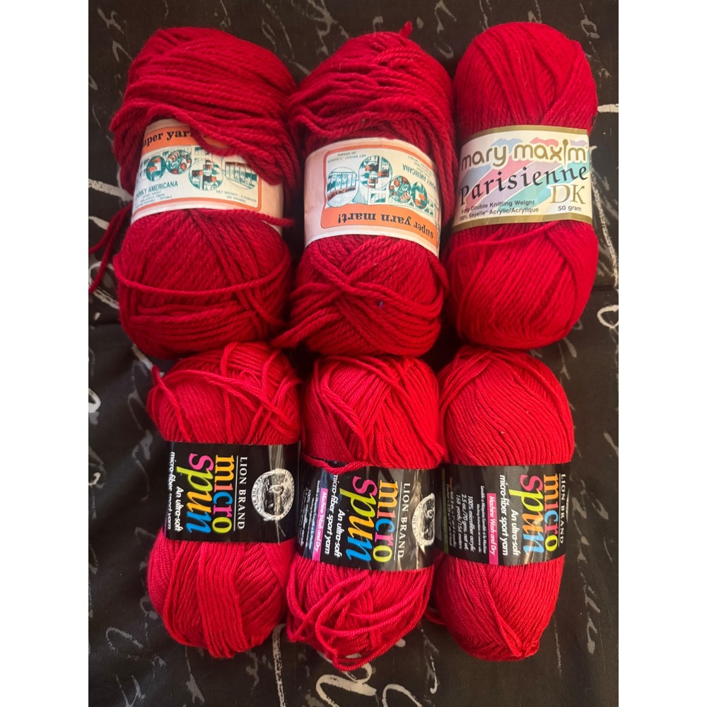 Red Yarn Lot Lion Brand Micro Spun Mary Maxim Parisienne Super Yarn 6 Skeins